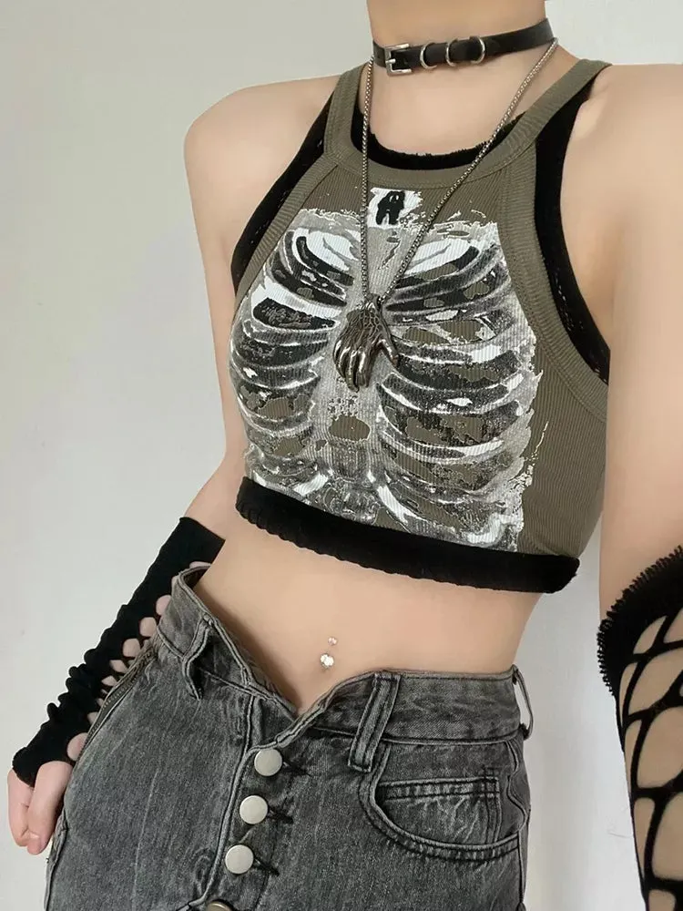 ArmyGrünes Grunge Weste mit Skelett-Röntgenaufdruck