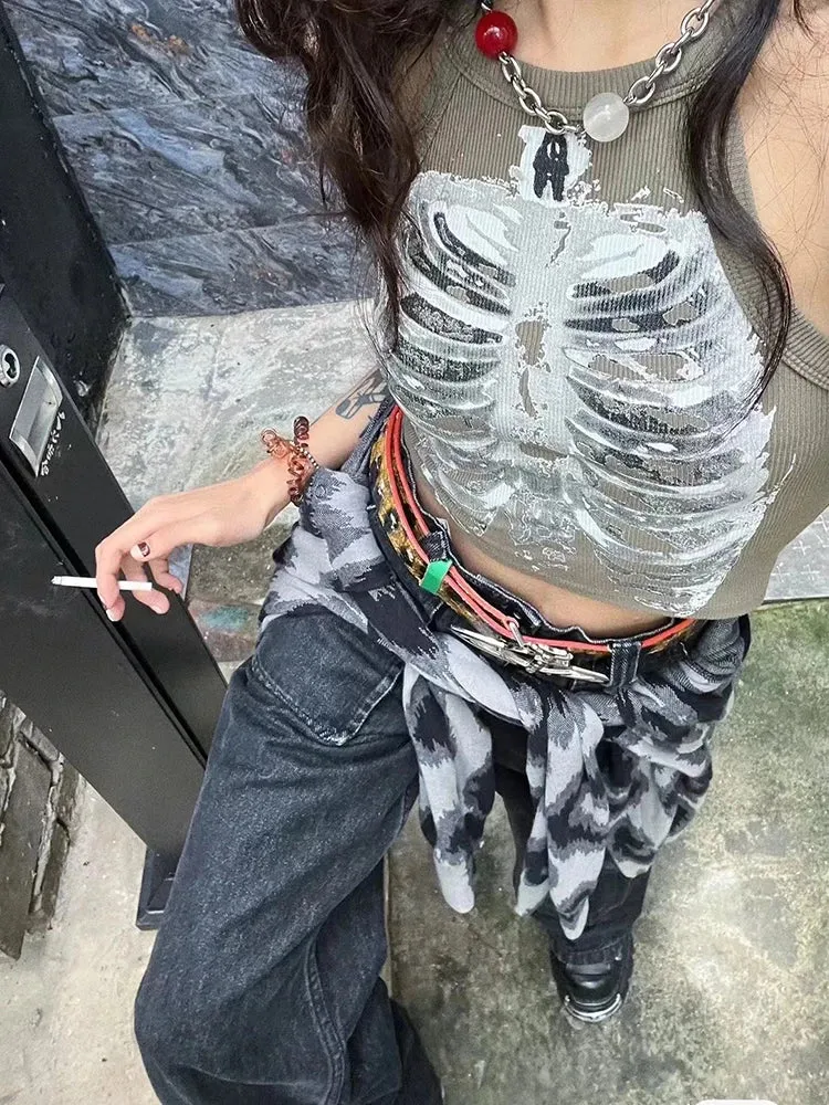 ArmyGrünes Grunge Weste mit Skelett-Röntgenaufdruck