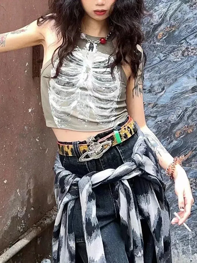 ArmyGrünes Grunge Weste mit Skelett-Röntgenaufdruck