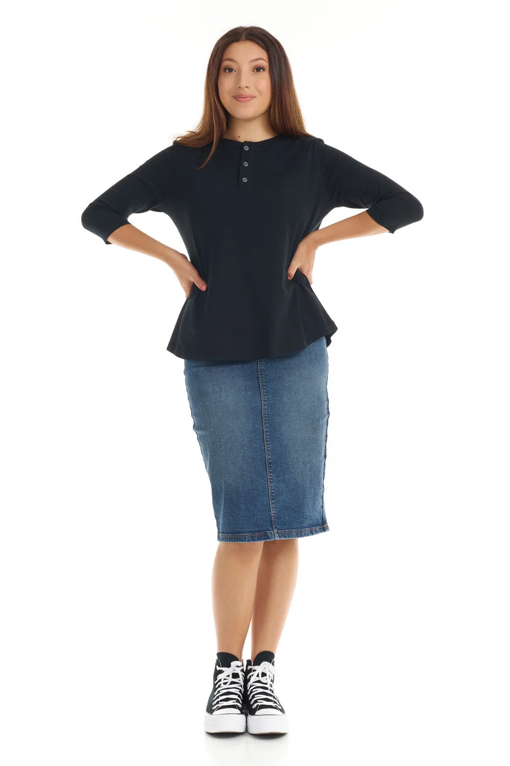 Black 3/4 Sleeve Cotton Henley T-Shirt Top for Women