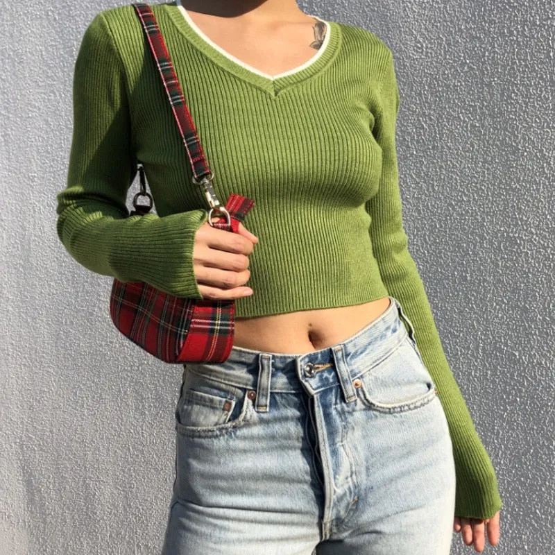 Crop top fairy-grunge mit gerippter Strickware und Rundhalsausschnitt
