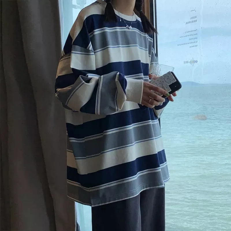 Damen Oversize-Grunge-Pullover mit Streifen für Herbst & Frühling