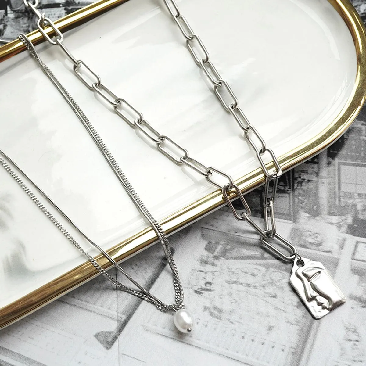 Face Tag Three Layer Chain Necklace