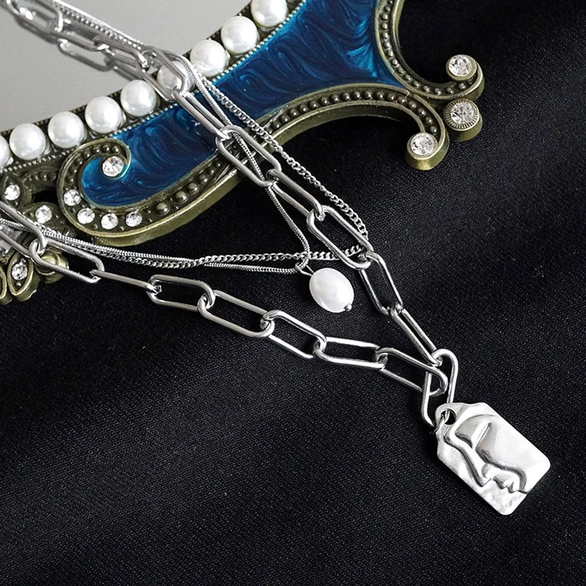 Face Tag Three Layer Chain Necklace