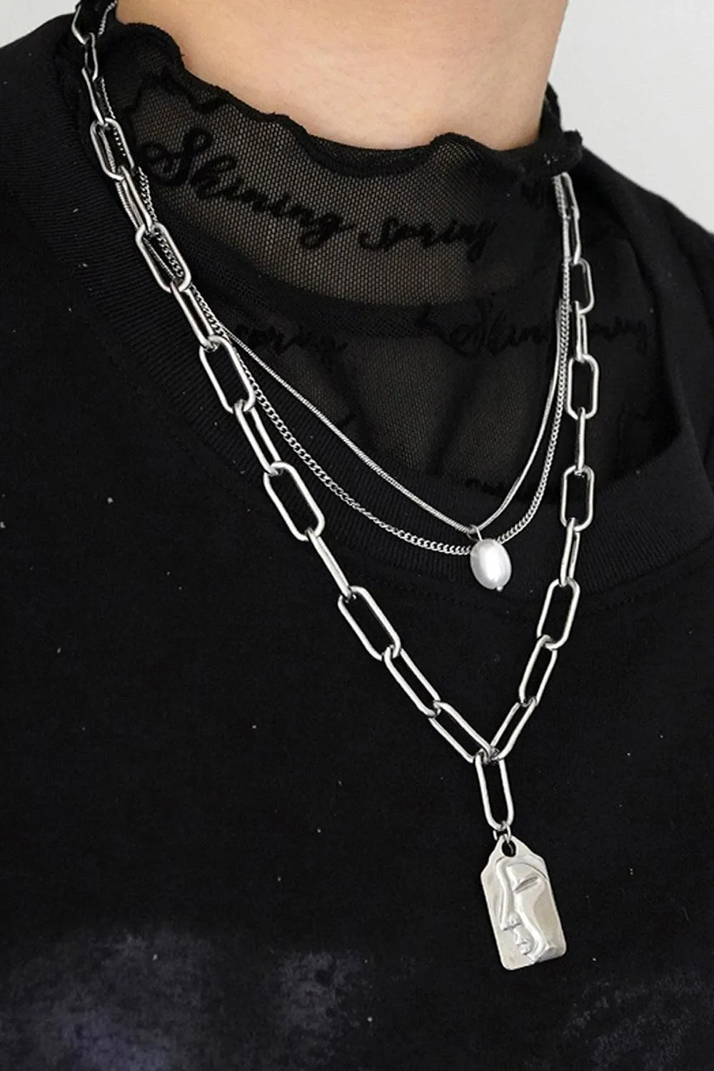 Face Tag Three Layer Chain Necklace