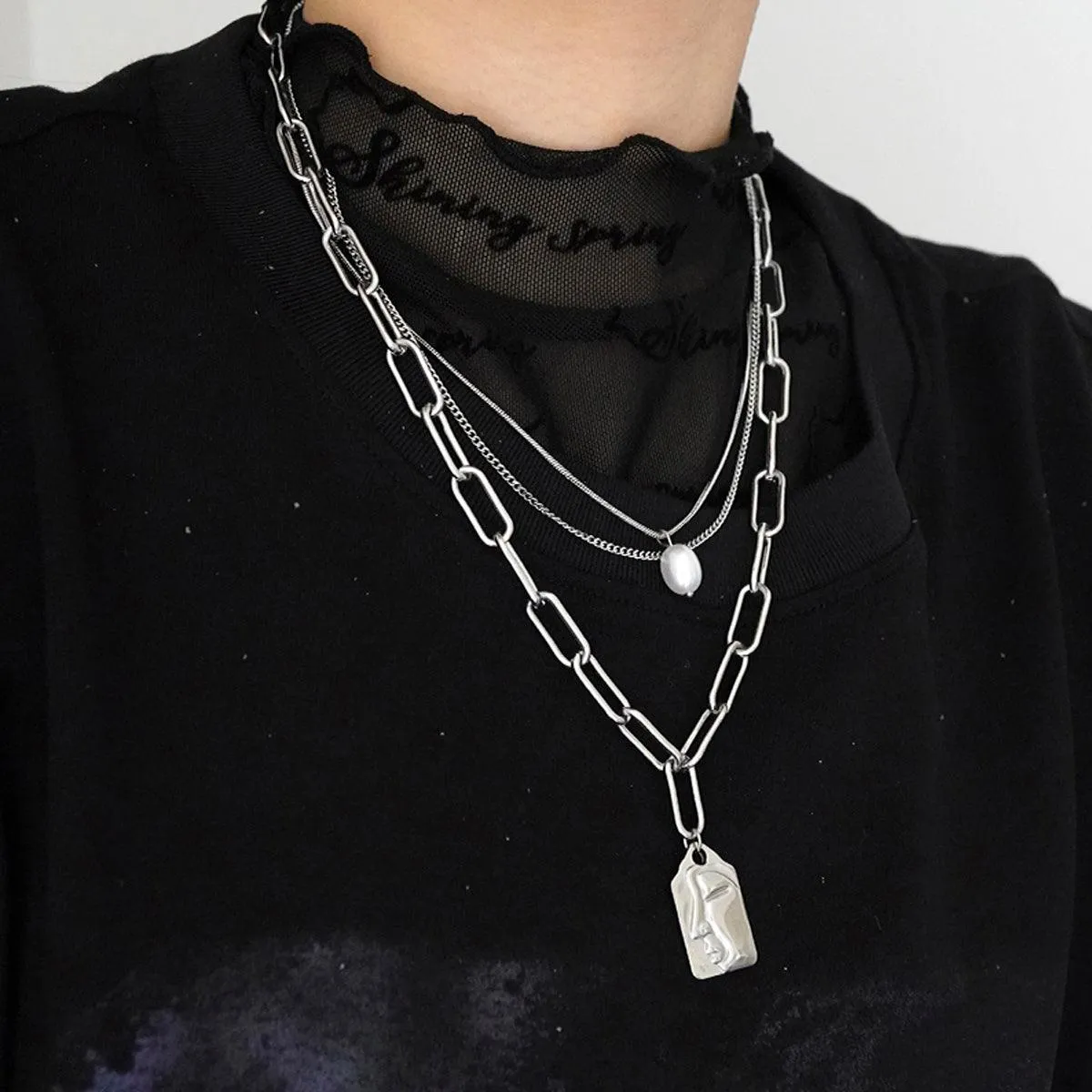 Face Tag Three Layer Chain Necklace