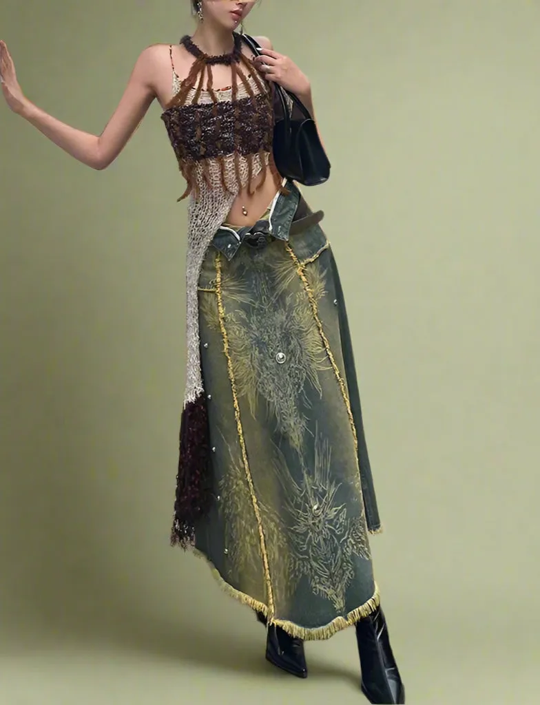Fairy grunge Distressed Forest-Inspired Denim Skirt