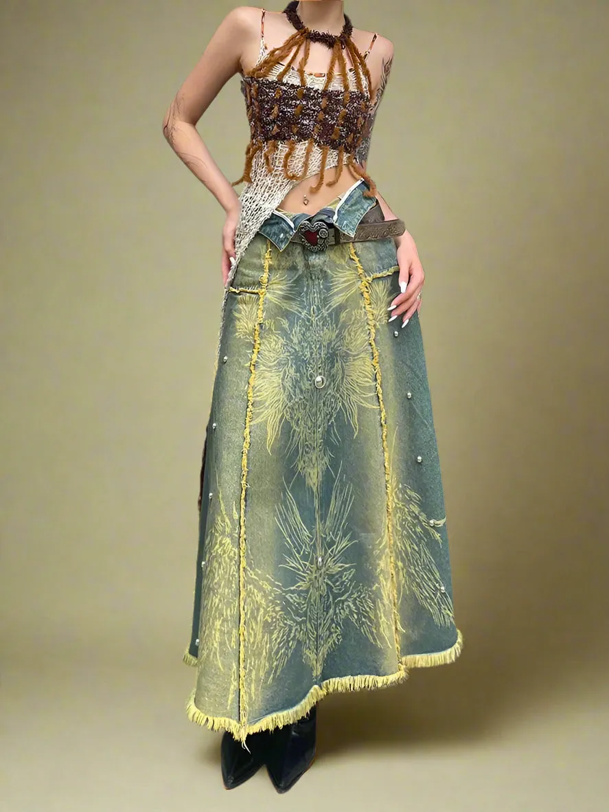Fairy grunge Distressed Forest-Inspired Denim Skirt