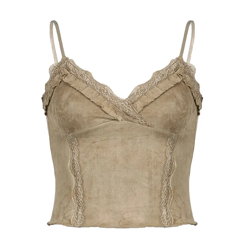 Fairy-Grunge Spitzen-Crop-Top in Khaki mit Spaghettiträger