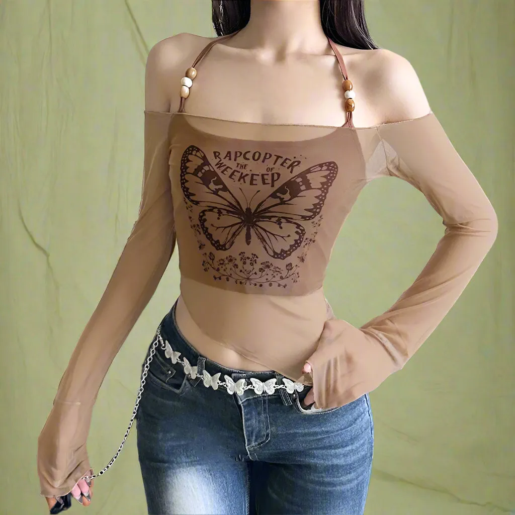 Fairycore Butterfly Print Off-Shoulder Mesh Top