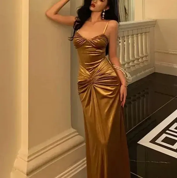 French Gold Velvet Slip Mermaid Prom Dress Long Evening Dress Charming Party Dress