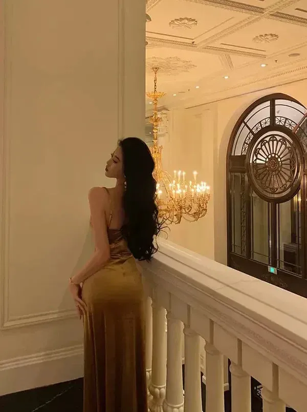 French Gold Velvet Slip Mermaid Prom Dress Long Evening Dress Charming Party Dress