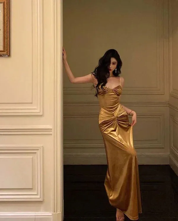 French Gold Velvet Slip Mermaid Prom Dress Long Evening Dress Charming Party Dress