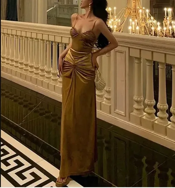 French Gold Velvet Slip Mermaid Prom Dress Long Evening Dress Charming Party Dress