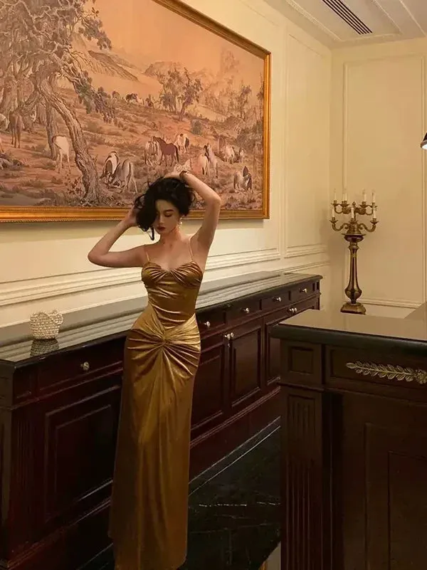 French Gold Velvet Slip Mermaid Prom Dress Long Evening Dress Charming Party Dress