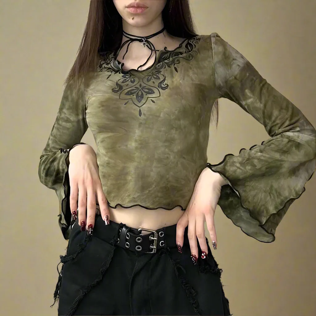 Goblincore Mystical V-Neck Bell Sleeve Top
