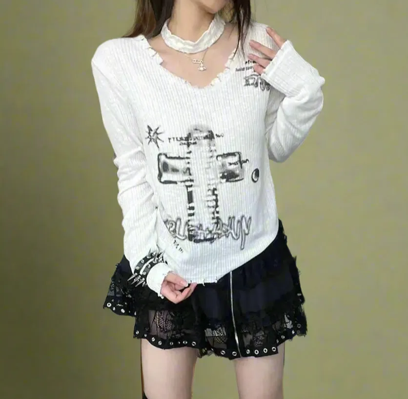 Goblincore Off-Shoulder Grunge Print Top