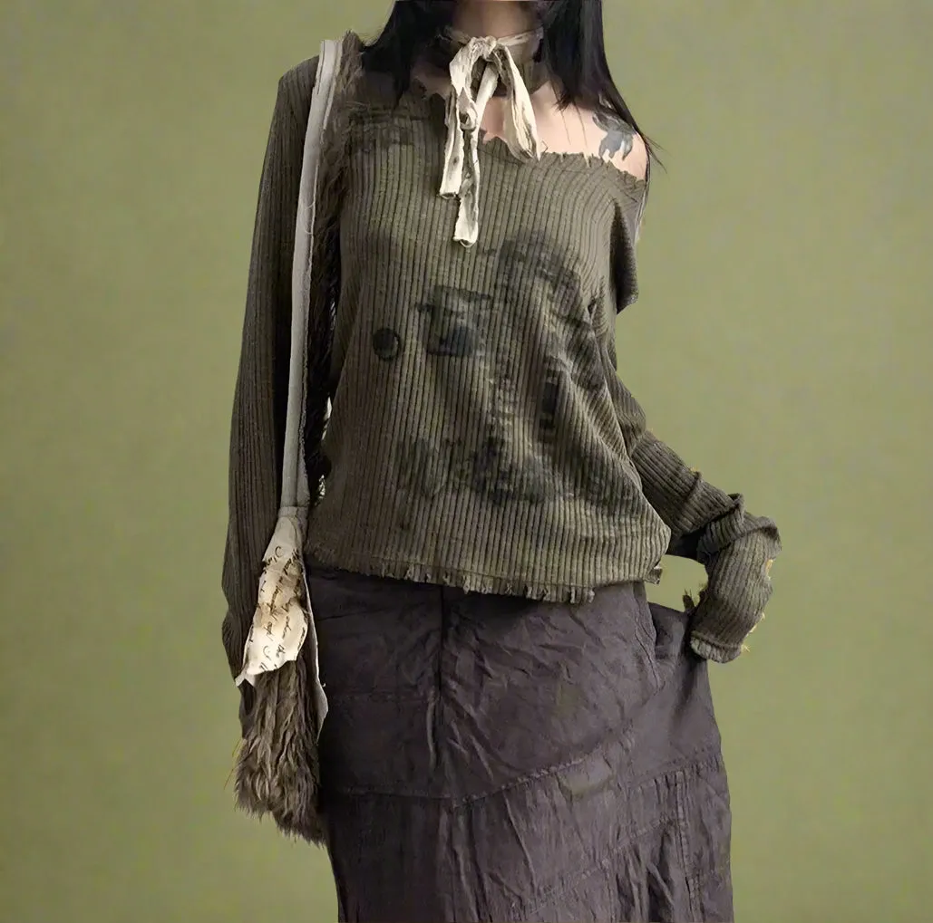 Goblincore Off-Shoulder Grunge Print Top
