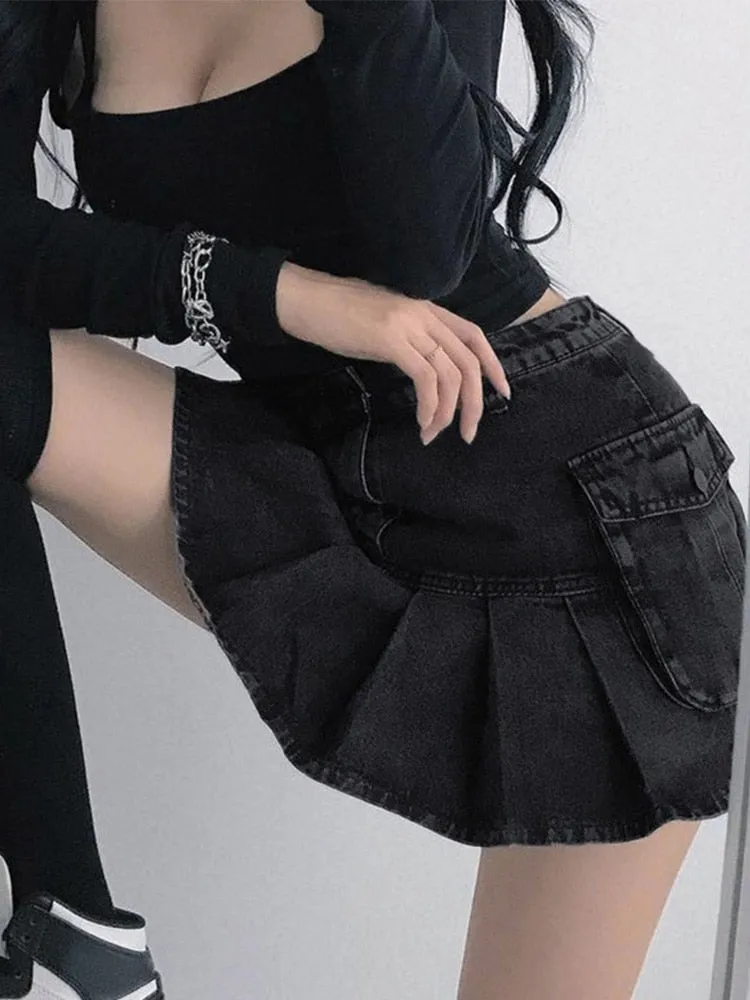 Gothic Jeansrock Damen Hohe Taille Plisseetasche