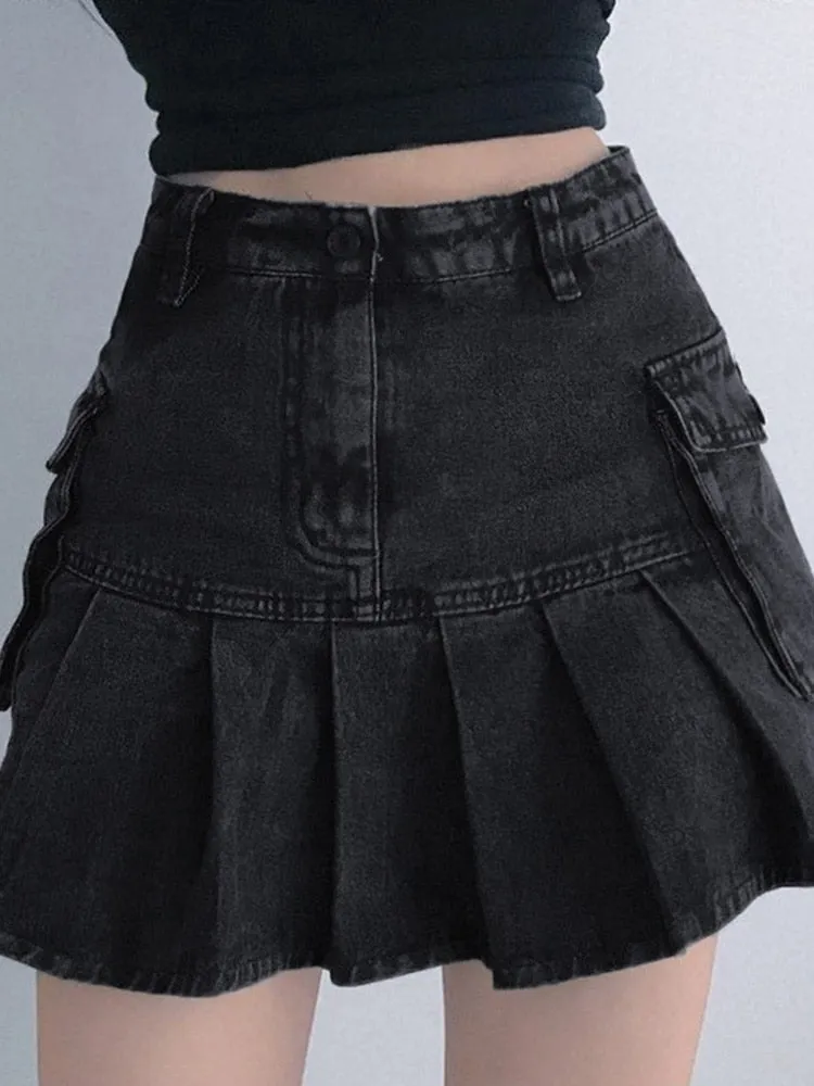Gothic Jeansrock Damen Hohe Taille Plisseetasche