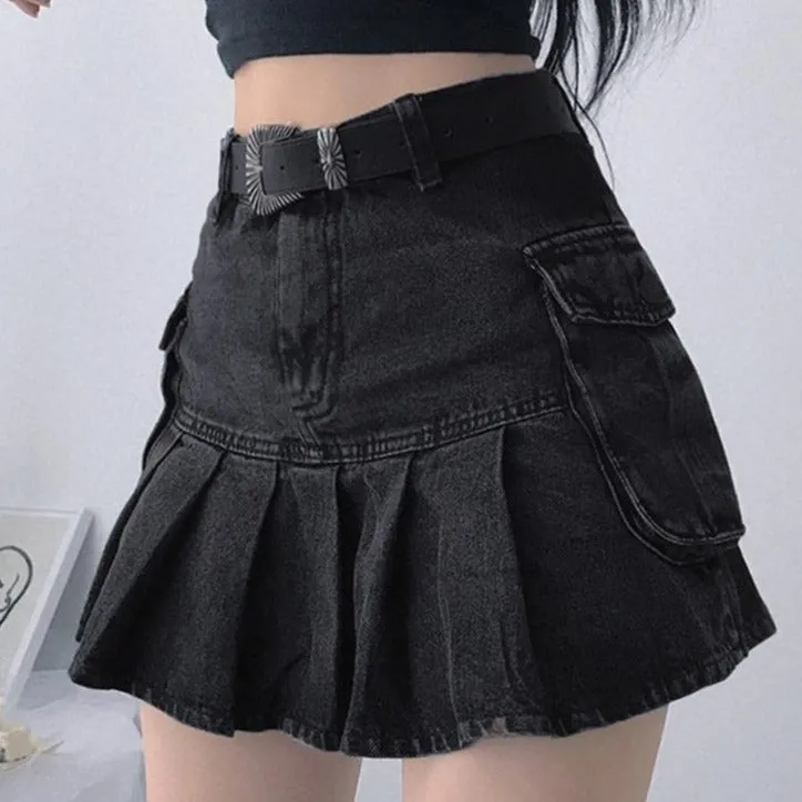 Gothic Jeansrock Damen Hohe Taille Plisseetasche
