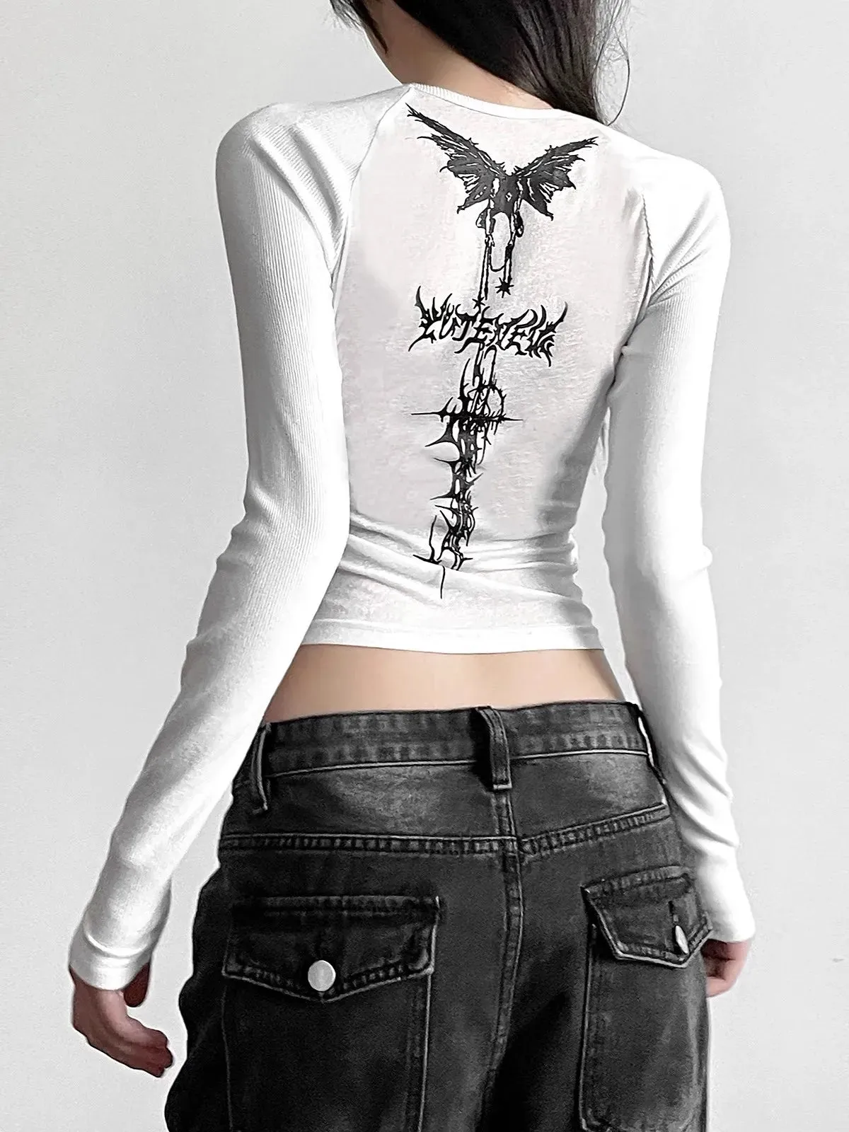 Gothic Langarmshirt mit Fledermausdruck für Damen