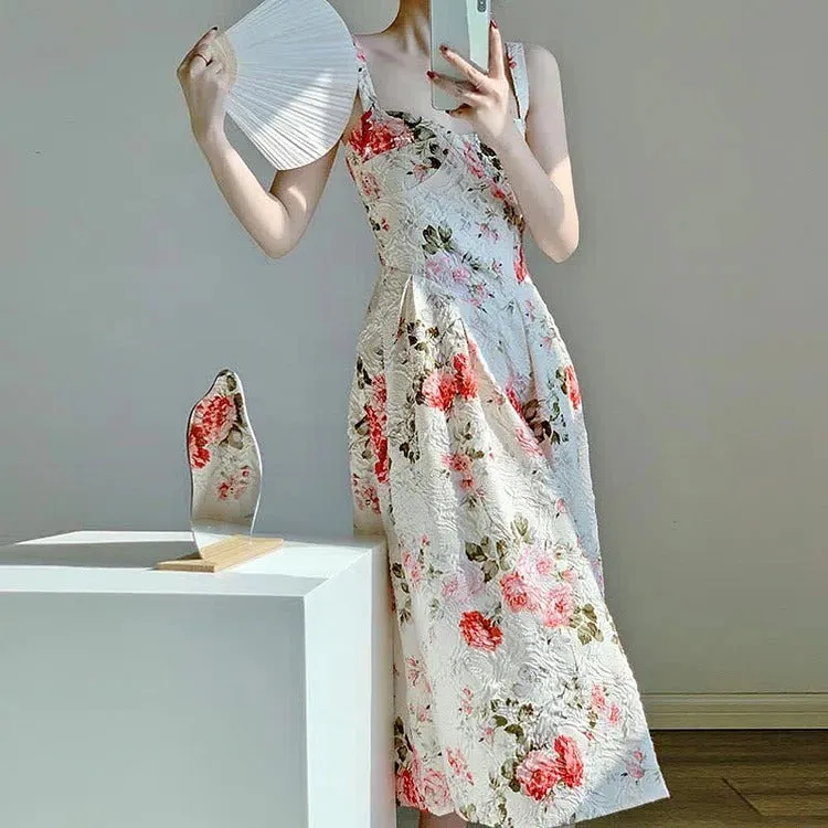 Graceful Vintage Floral Print A-line Slip Dress