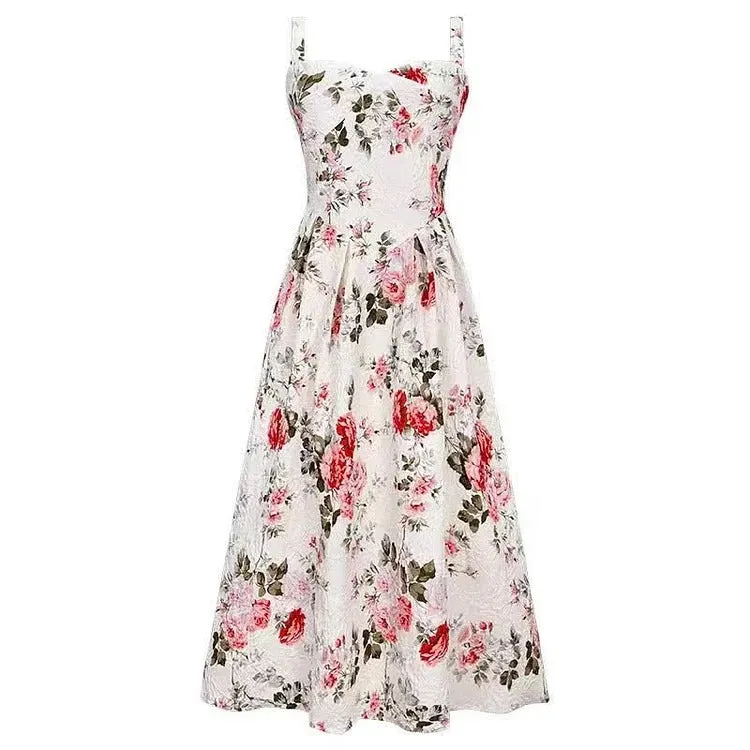Graceful Vintage Floral Print A-line Slip Dress
