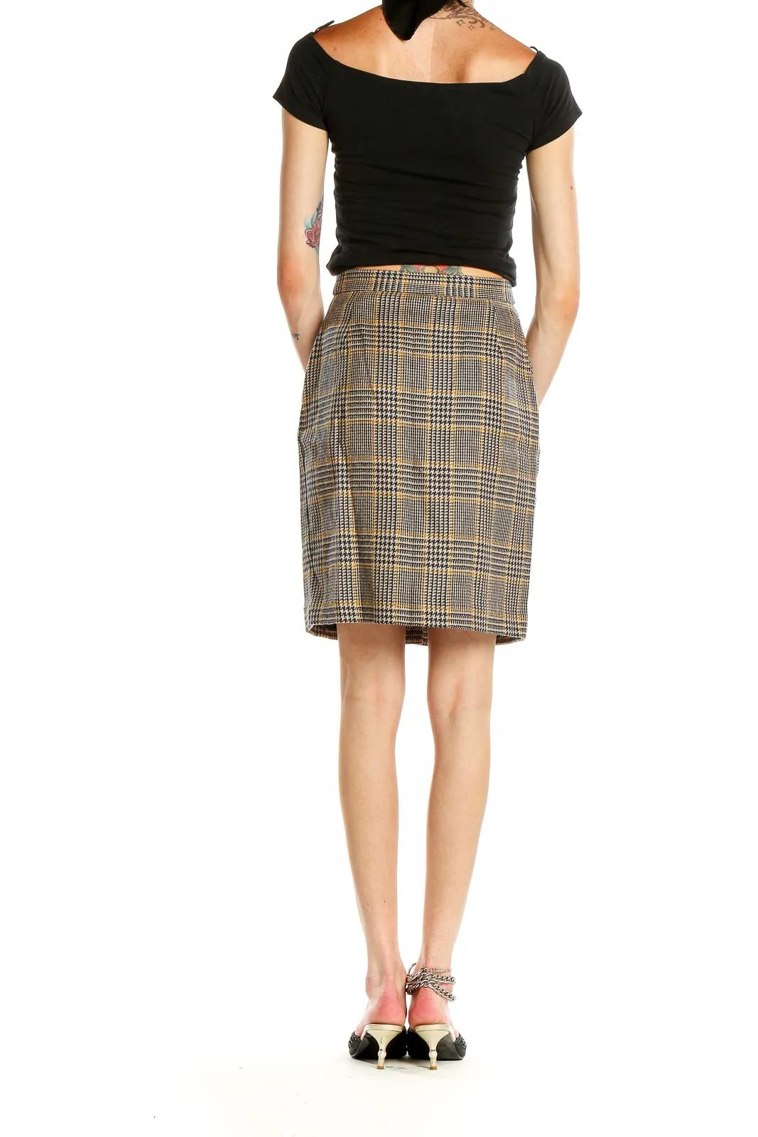 Gray Plaid Belted Pencil Skirt