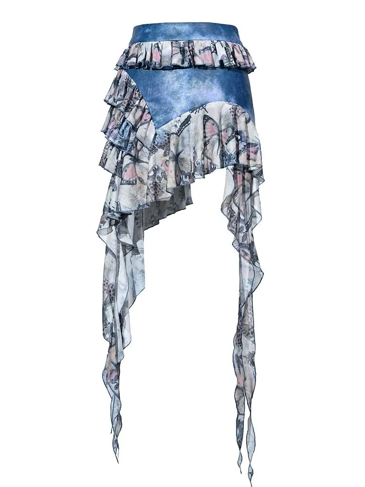Grunge Punk Rock Fairy Style Blue Butterflies Tiered Ruffles Asymmetrical Hem Patchwork Skirt