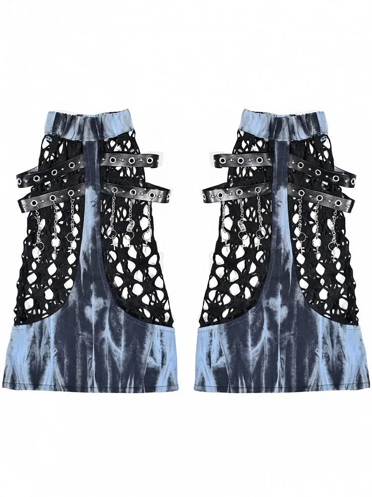 Grunge Punk Rock Mesh Patchwork Blue and Black Tie Dye Leg Warmers Straps with Chains