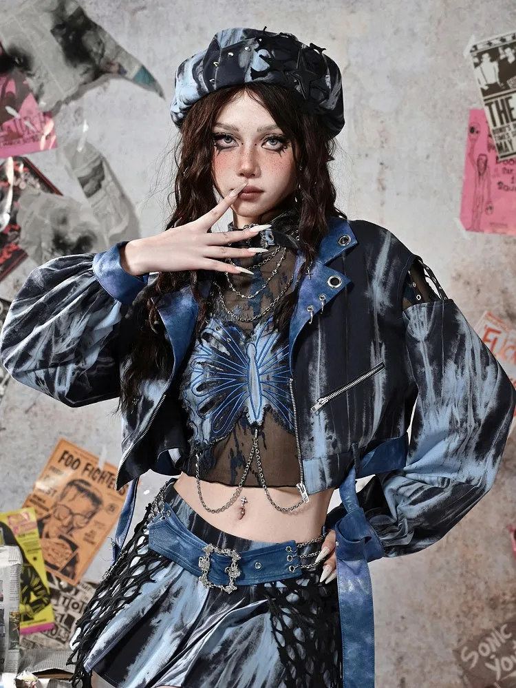 Grunge Punk Rock Star Studs Blue and Black Tie Dye Beret