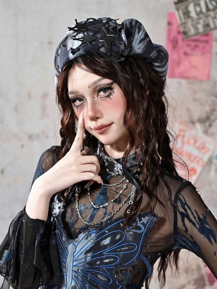 Grunge Punk Rock Star Studs Blue and Black Tie Dye Beret