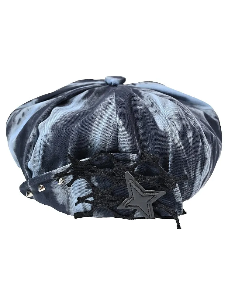 Grunge Punk Rock Star Studs Blue and Black Tie Dye Beret