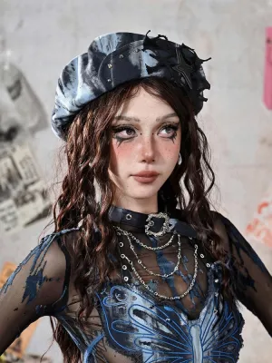 Grunge Punk Rock Star Studs Blue and Black Tie Dye Beret