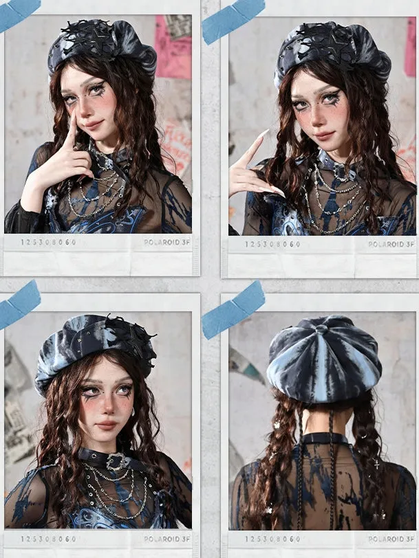 Grunge Punk Rock Star Studs Blue and Black Tie Dye Beret