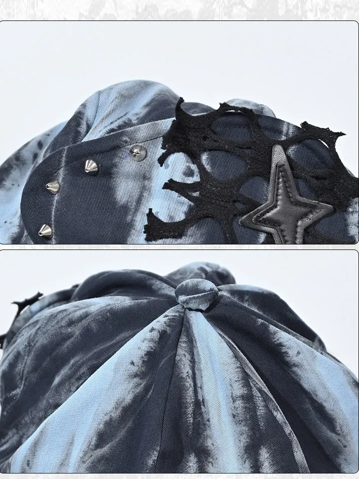 Grunge Punk Rock Star Studs Blue and Black Tie Dye Beret