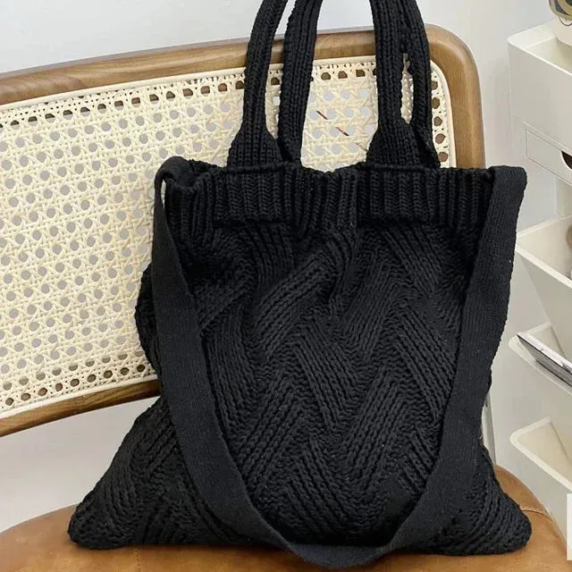 UAKISS  -  Grunge Vintage Knitted Solid Shoulder Bag Simple All Match Y2k Aesthetic Tote  Japanese Cute High-capacity Crossbody Handbags