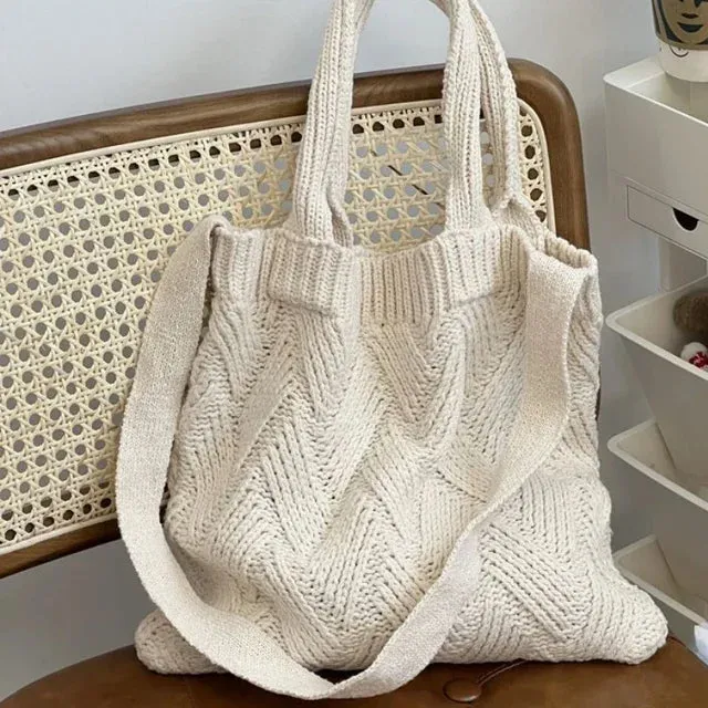 UAKISS  -  Grunge Vintage Knitted Solid Shoulder Bag Simple All Match Y2k Aesthetic Tote  Japanese Cute High-capacity Crossbody Handbags