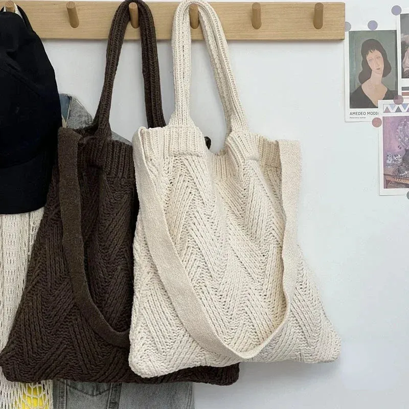 UAKISS  -  Grunge Vintage Knitted Solid Shoulder Bag Simple All Match Y2k Aesthetic Tote  Japanese Cute High-capacity Crossbody Handbags