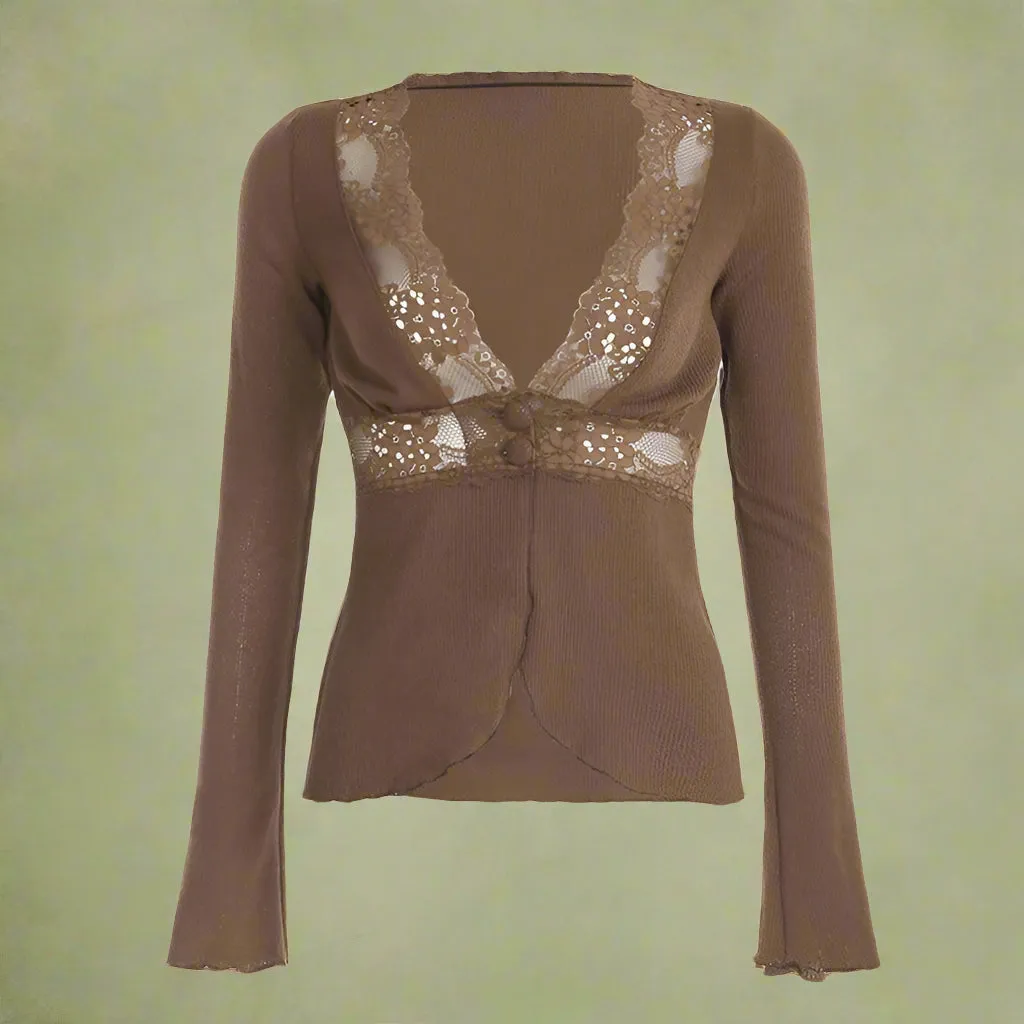 Vintage Deep V-Neck Lace Knit Top