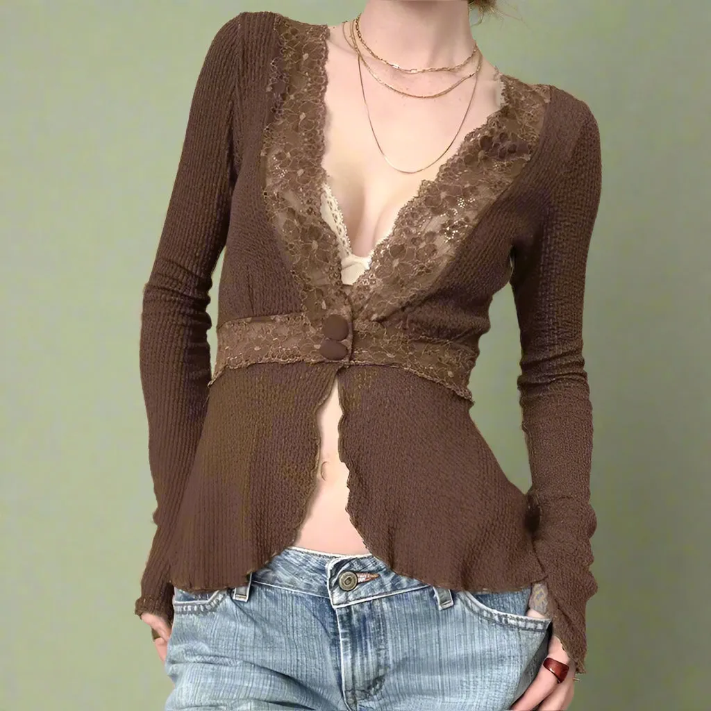 Vintage Deep V-Neck Lace Knit Top