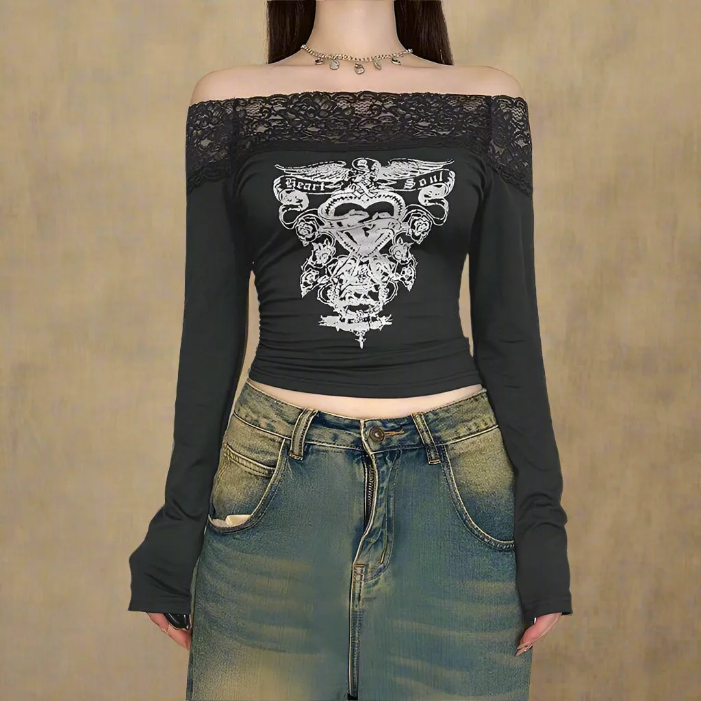 Vintage Tattoo Print Bardot Long Sleeve Top