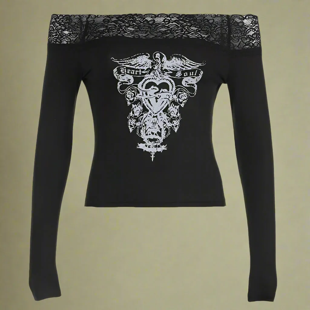 Vintage Tattoo Print Bardot Long Sleeve Top